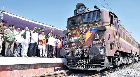 Civil aviation minister Kinjarapu Rammohan Naidu flagging off the Brahmapur to Visakhapatnam (18525/18526) Express train from Tilaru railway station, which was the new halt, along with Narasannapeta MLA Boggu Ramanamurthy and others.