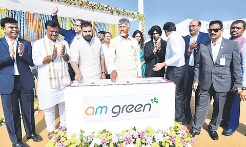 Chief Minister Chandrababu Naidu and Deputy CM Pawan Kalyan lay the foundation stone for the AM Green Hydrogen and Green Ammonia Plant in Kakinada.