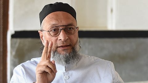 AIMIM chief  Asaduddin Owaisi addressing the media during a press conference in Hyderabad.