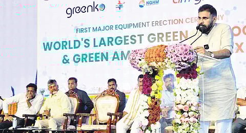 Dy CM Pawan Kalyan speaking at the foundation-laying ceremony of Green Ammonia project in Kakinada on Saturday.
