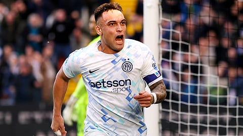 Inter Milan's Lautaro Martinez celebrates after scoring his side's opening goal, during the Serie A soccer match between Udinese and Inter, in Udine, Italy, Saturday, Jan. 17, 2026.