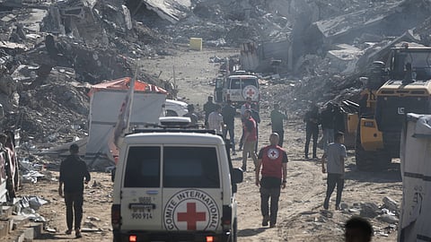 A yellow block demarcating the "Yellow Line", which has separated the Gaza Strip's Israeli-held and Palestinian zones since the October ceasefire, is visible in Jabalia, northern Gaza Strip, Dec. 1, 2025.