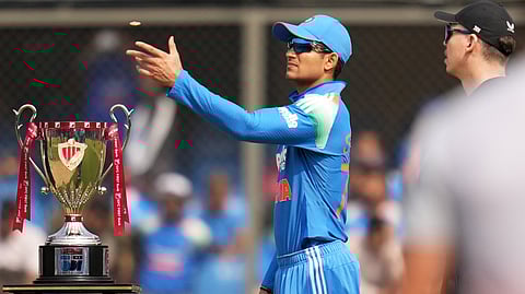 India's captain Shubman Gill tosses the coin as New Zealand's captain Michael Bracewell, right, looks on before the start of the third One Day International cricket match between India and New Zealand in Indore, India, Sunday, Jan. 18, 2026.