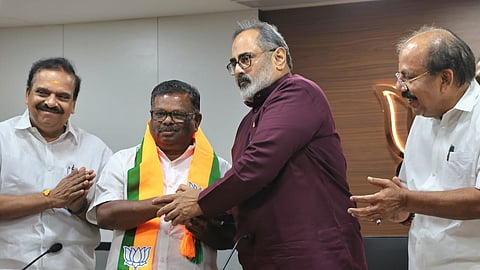 Former Devikulam MLA and CPM leader S Rajendran is welcomed into the BJP by state president Rajeev Chandrasekhar at a function held at Mararji Bhavan in Thiruvananthapuram on Sunday.