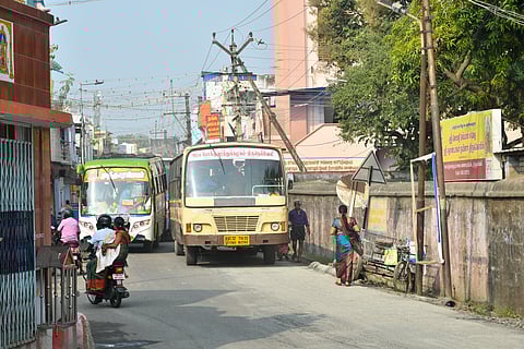 Vehicles stuck on one-way roads in the Town area of Tirunelveli city due to poor traffic management, widespread violations of rules by road users.
