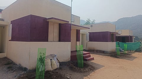 The row houses built under the PM JANMAN scheme at Mangarai Tribal hamlet in Coimbatore are left incomplete and the toilet rooms are being left without proper septic tank facilities. 