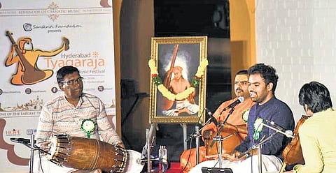 Vidushi Ranjani Sivakumar performs during the Tyagaraja Aradhana Music festival at CCRT in Hyderabad on Monday.