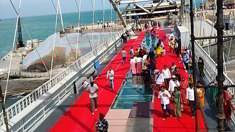 The 77-metre-long and 10-metre-wide glass bridge in Kanniyakumari is the first glass bridge installed over the sea in the country.