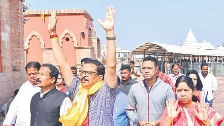 Revenue minister Suresh Pujari along with his family at Shree Jagannath Temple, Puri, on Monday