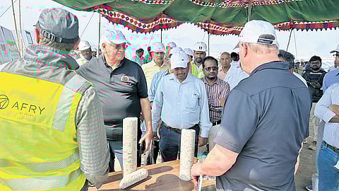 A team of foreign experts arrives at the Polavaram project site to review the progress of construction works on Monday.