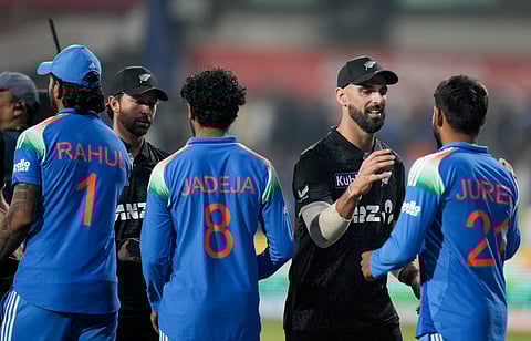 Players of India and New Zealand greet each other after New Zealand won the third ODI cricket match against India, at Holkar Cricket Stadium, in Indore, Madhya Pradesh, Sunday, Jan. 18, 2026. New Zealand won the 3-match ODI series 2-1.