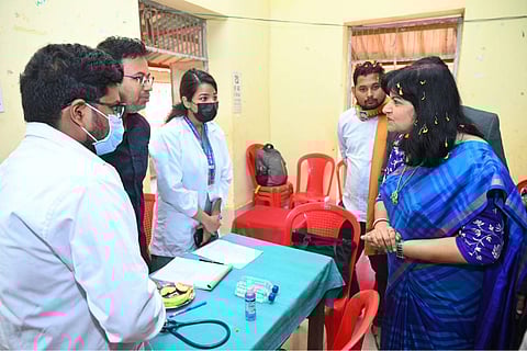 Sarangi speaking to the doctors at the camp in Begunia on Sunday 