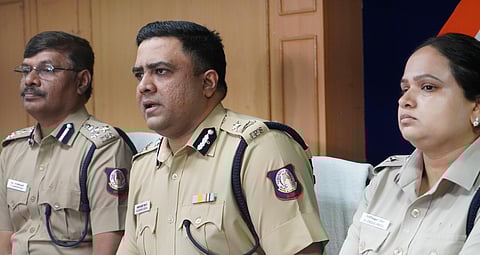 IGP South Zone Vijayendra Bidari and other officials addressing the media.