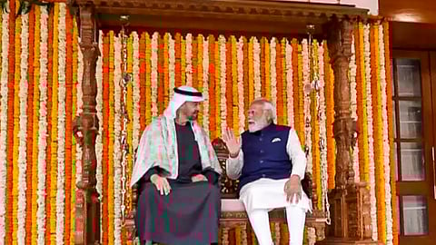 Prime Minister Narendra Modi with UAE President Sheikh Mohamed bin Zayed Al Nahyan during a meeting at the PM's residence in New Delhi, Monday, Jan. 19, 2026.
