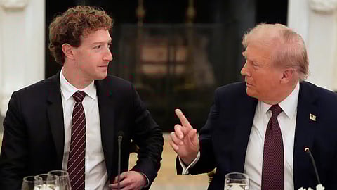 President Donald Trump speaks to Facebook CEO Mark Zuckerberg during a dinner in the State Dining Room of the White House, Sept. 4, 2025, in Washington.