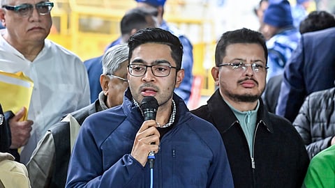 In this photo from Dec 31, 2025, TMC National General Secretary Abhishek Banerjee speaks to the media after meeting with the ECI in New Delhi.