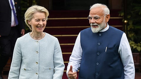 In this photo from Feb. 28, 2025, Prime Minister Narendra Modi is in a conversation with European Commission President Ursula von der Leyen at Hyderabad House in New Delhi. 