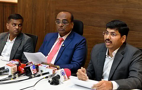 From right: Special Commissioner (Election), GBA, R Ramachandran, State Election Commissioner GS Sangreshi and Central Corporation Commissioner Rajendra Cholan announce the draft voters’ list on Monday.