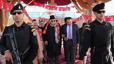 J&K National Conference President Farooq Abdullah arrives to attend a two-day convention of party's block presidents and secretaries, in Jammu, Tuesday, Jan. 20, 2026.