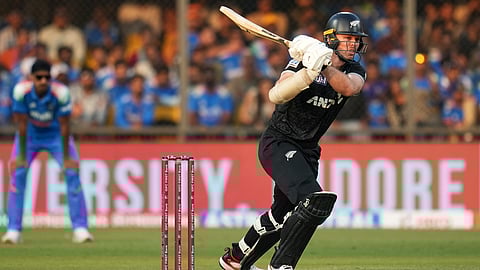 New Zealand's captain Michael Bracewell bats during the third One Day International cricket match between India and New Zealand in Indore, India, Sunday, Jan. 18, 2026.