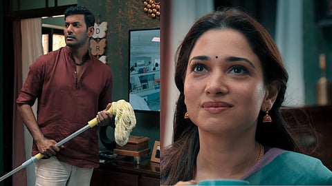 Screengrab from Purushan title promo featuring Vishal and Tamannaah