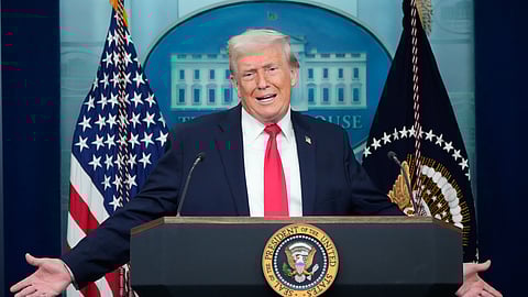 President Donald Trump speaks during a press briefing at the White House in Washington, Tuesday, Jan. 20, 2026.