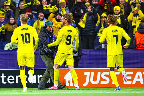 Glimt's Kasper Hogh celebrates after scoring during the Champions League soccer match between Bodo/Glimt and Manchester City in Bodo, Norway, Tuesday, Jan. 20, 2026. 