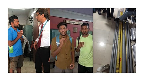 From (L) Coach Ghanshyam pleading to a railway officer, NR holder Dev Meena and Kuldeep Yadav in a viral video, and the Poles brought by the trio 