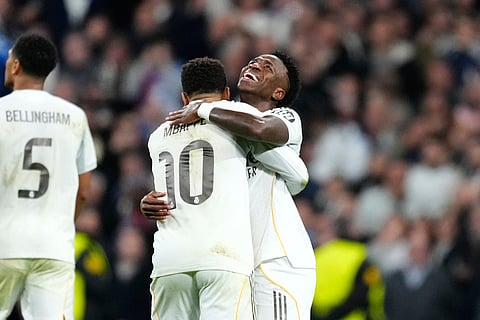 Real Madrid's Vinicius Junior celebrates his side's fifth goal during the Champions League opening phase soccer match between Real Madrid and Monaco in Madrid on Tuesday, Jan. 20, 2026.