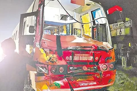 Police said a buffalo crossing the road near Diwancheruvu forced a travel bus to brake suddenly, causing the two student buses and another travel bus behind it to collide.