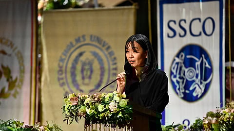 Nobel laureate in literature Han Kang speaks during the Nobel Banquet in City Hall in Stockholm, Dec. 10, 2024. 