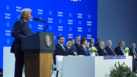 US President Donald Trump speaks during a Board of Peace charter announcement during the Annual Meeting of the World Economic Forum in Davos, Switzerland, Thursday, Jan. 22, 2026.