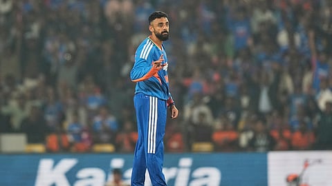India's Varun Chakravarthy celebrates after the dismissal of New Zealand's Tim Robinson during the first T20 cricket match between India and New Zealand in Nagpur, India, Wednesday, Jan. 21, 2026.