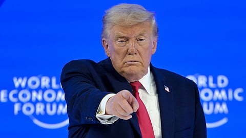 President Donald Trump gestures after his special address during the 56th annual meeting of the World Economic Forum, WEF, in Davos, Switzerland, Wednesday, Jan. 21, 2026.