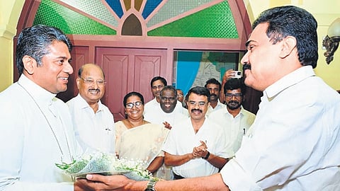 KC(M) chairman Jose K Mani with Kochi Diocese Bishop Rev Antony Kattiparambil at the Bishop’s House in Fort Kochi on Thursday