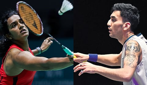 Indian shuttlers P V Sindhu (L) and Lakshya Sen 