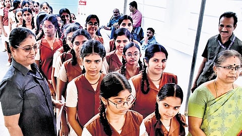 School students arriving at the Tamil Nadu Assembly complex on Thursday morning to witness the day’s session live 