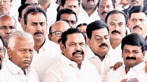 AIADMK chief Palaniswami speaking to reporters outside the House | p jawahar