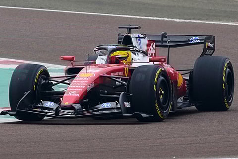 ritain's Lewis Hamilton steers his Ferrari Formula One SF-26 at the Ferrari private test track.