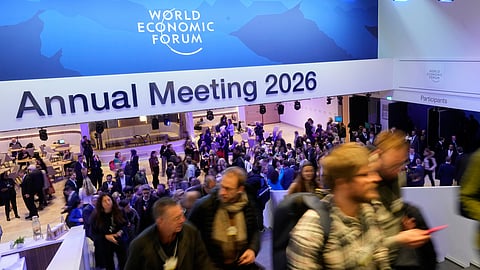 People leave on the final day of the Annual Meeting of the World Economic Forum, Switzerland, Friday, Jan. 23, 2026.