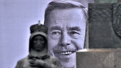Picture of Václav Havel located on National Museum building at Wenceslas Square in Prague