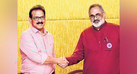 Twenty20 president Sabu M Jacob and BJP state president Rajeev Chandrasekhar during a press conference in Thiruvananthapuram on Thursday 