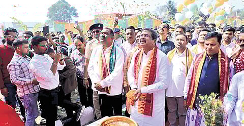 Union Minister Dharmendra Pradhan and other guests at Khinda on Friday.