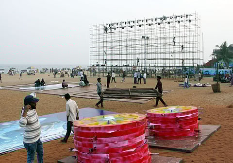 Arrangements underway for Visakha Utsav in Visakhapatnam ahead of the festival's inauguration on January 24, as preparations continue across the city  at beach road on Friday.