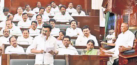 CM MK Stalin speaking in the Assembly on Friday.