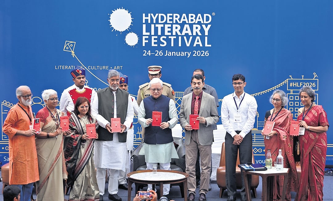 Governor Jishnu Dev Varma releases Karuna: The Power of Compassion, a book by Nobel laureate Kailash Satyarthi, during the Hyderabad Literary Festival at Sattva Knowledge City in Hyderabad on Saturday | SRI LOGANATHAN VELMURUGAN