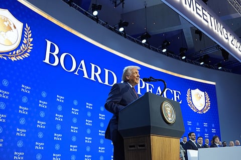 President Donald Trump speaks during a Board of Peace charter announcement during the Annual Meeting of the World Economic Forum in Davos, Switzerland, Thursday, Jan. 22, 2026.
