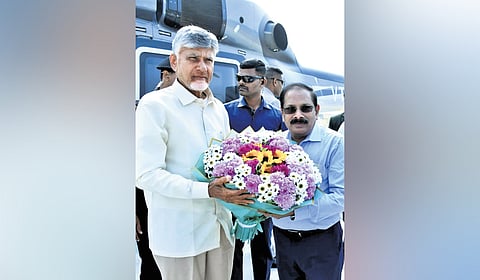 On his return from Davos, CM Chandrababu Naidu being welcomed by Chief Secretary Vijayanand.