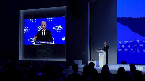 Canadian Prime Minister Mark Carney delivers a speech at the World Economic Forum in Davos, Switzerland, on Tuesday, Jan. 20, 2026.