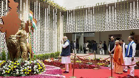 Union Home Minister Amit Shah, Uttar Pradesh Chief Minister Yogi Adityanath and Dy CMs Keshav Prasad Maurya and Brajesh Pathak during the 'Uttar Pradesh Diwas' at Rashtriya Prerna Sthal in Lucknow, Jan. 24, 2026.